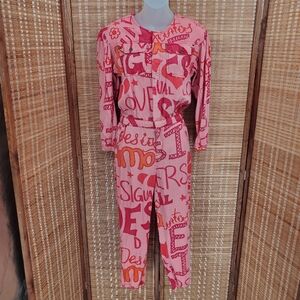 ♡ Desigual Logomania Girls Long-sleeve Jumpsuit Pink with Red Size 11-12 Youth